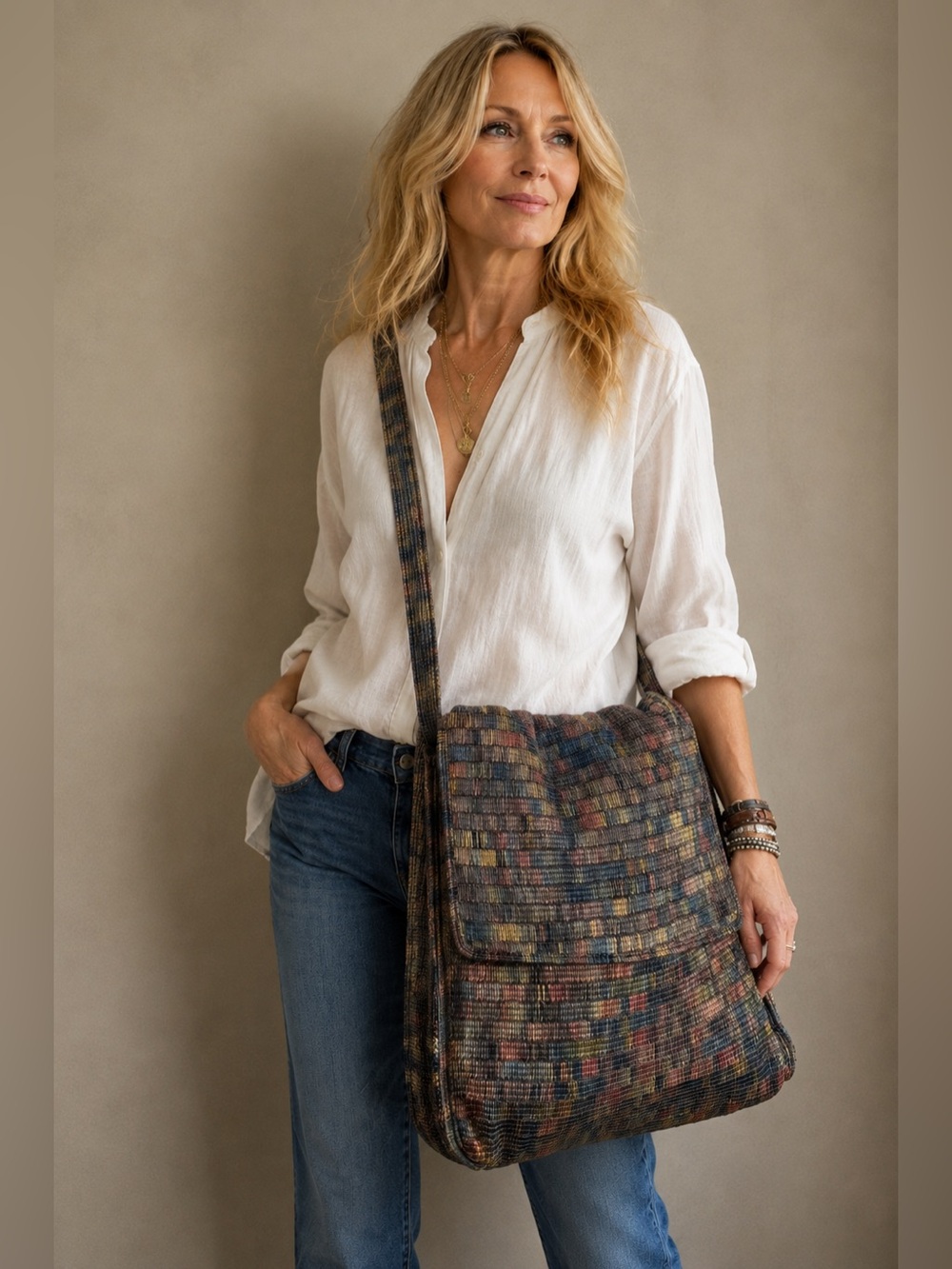 Vintage Messenger Bag Cross Body Multicoloured Woven Tote XL
